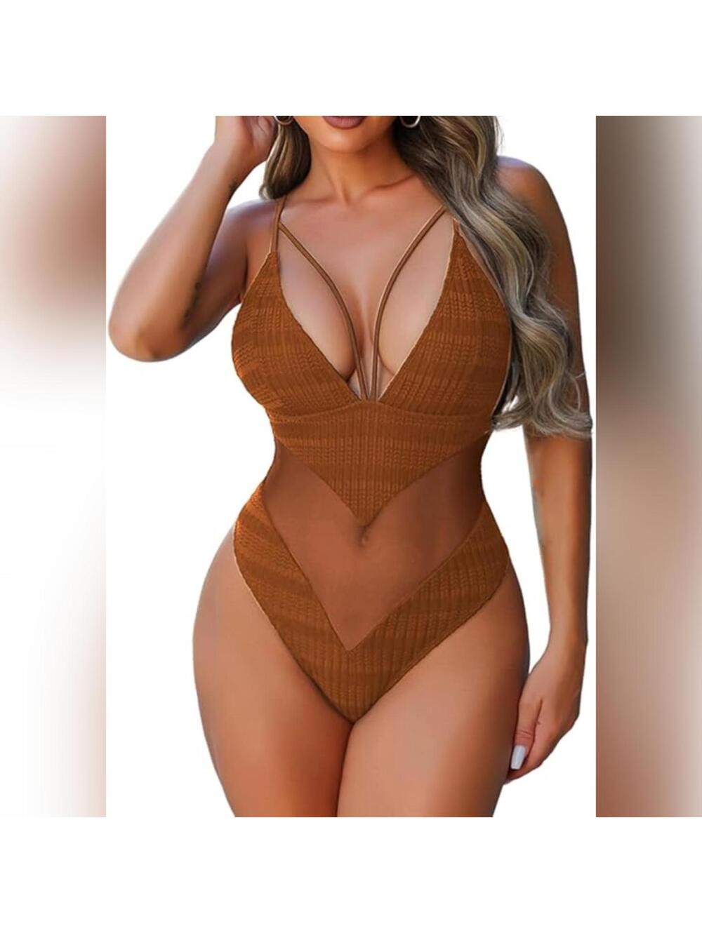 NWOT ChiaoLezhee One Piece High-Cut Cheeky Deep V Neck Strappy Swimsuit, Sz 4-6